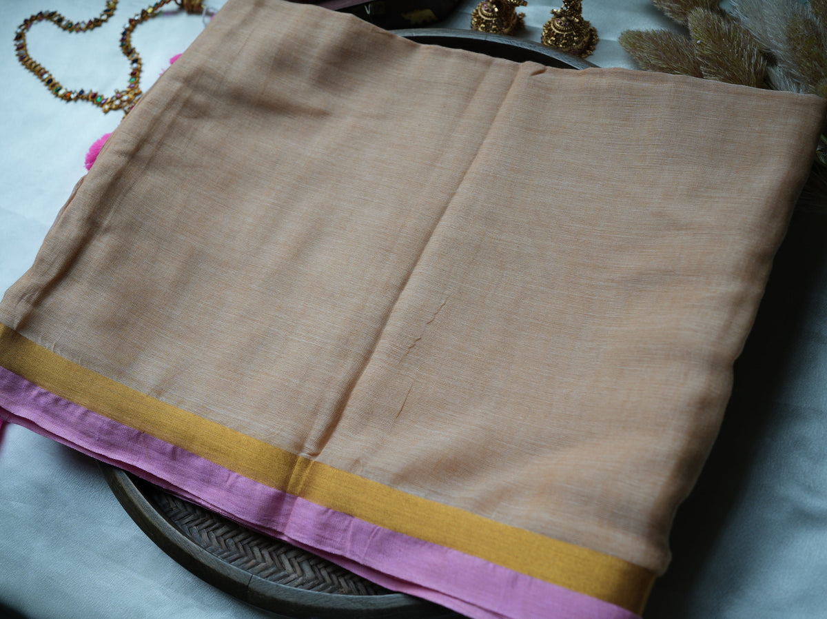 🌾 Beige-Nude Pure Mul Cotton Saree with Mustard Zari & Pink Contrast Border ✨💖 - SAROYA