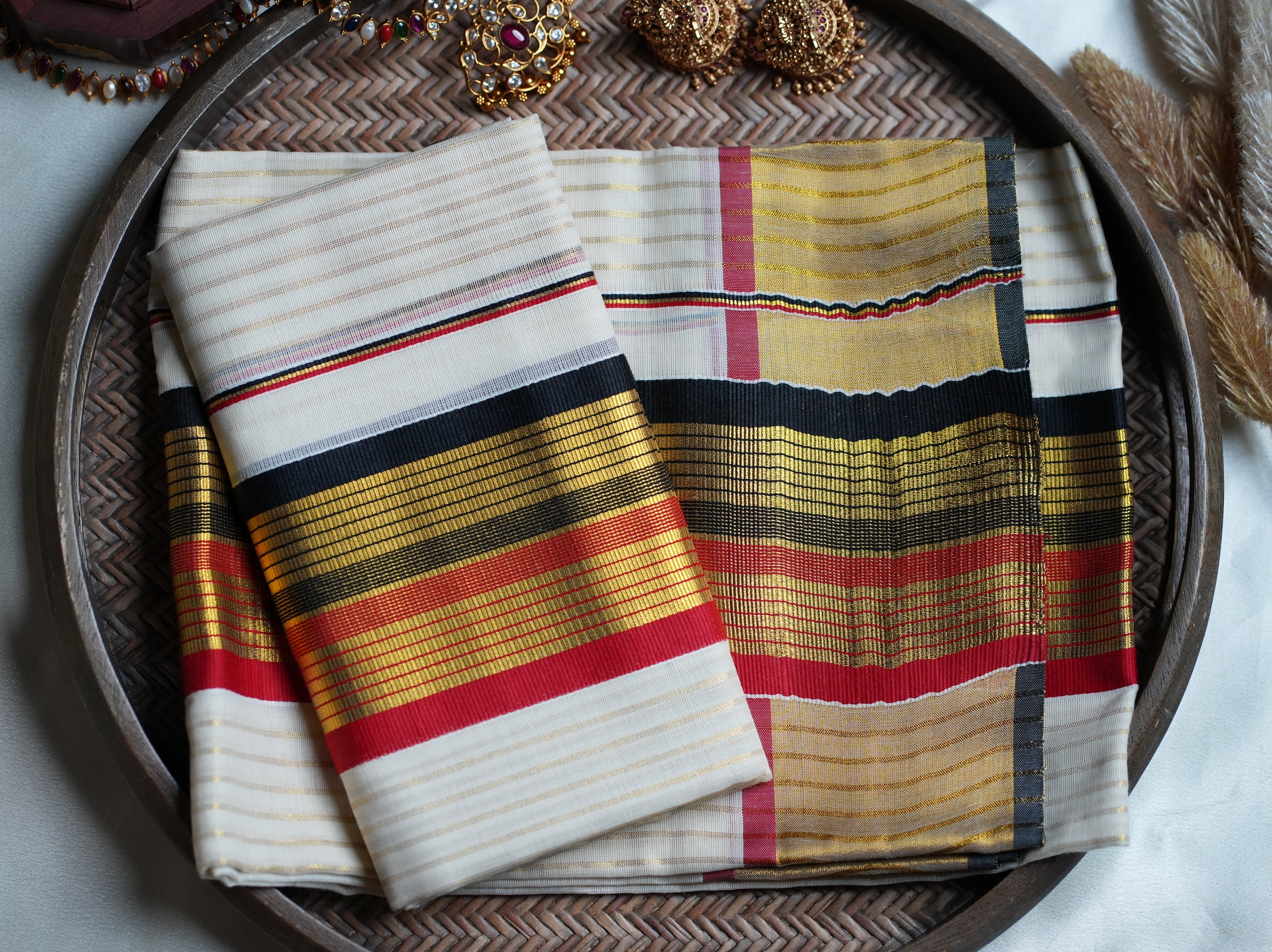 ❤️ Bold Crimson, Black & Gold Pure Cotton Kerala Set Mundu ✨ - SAROYA