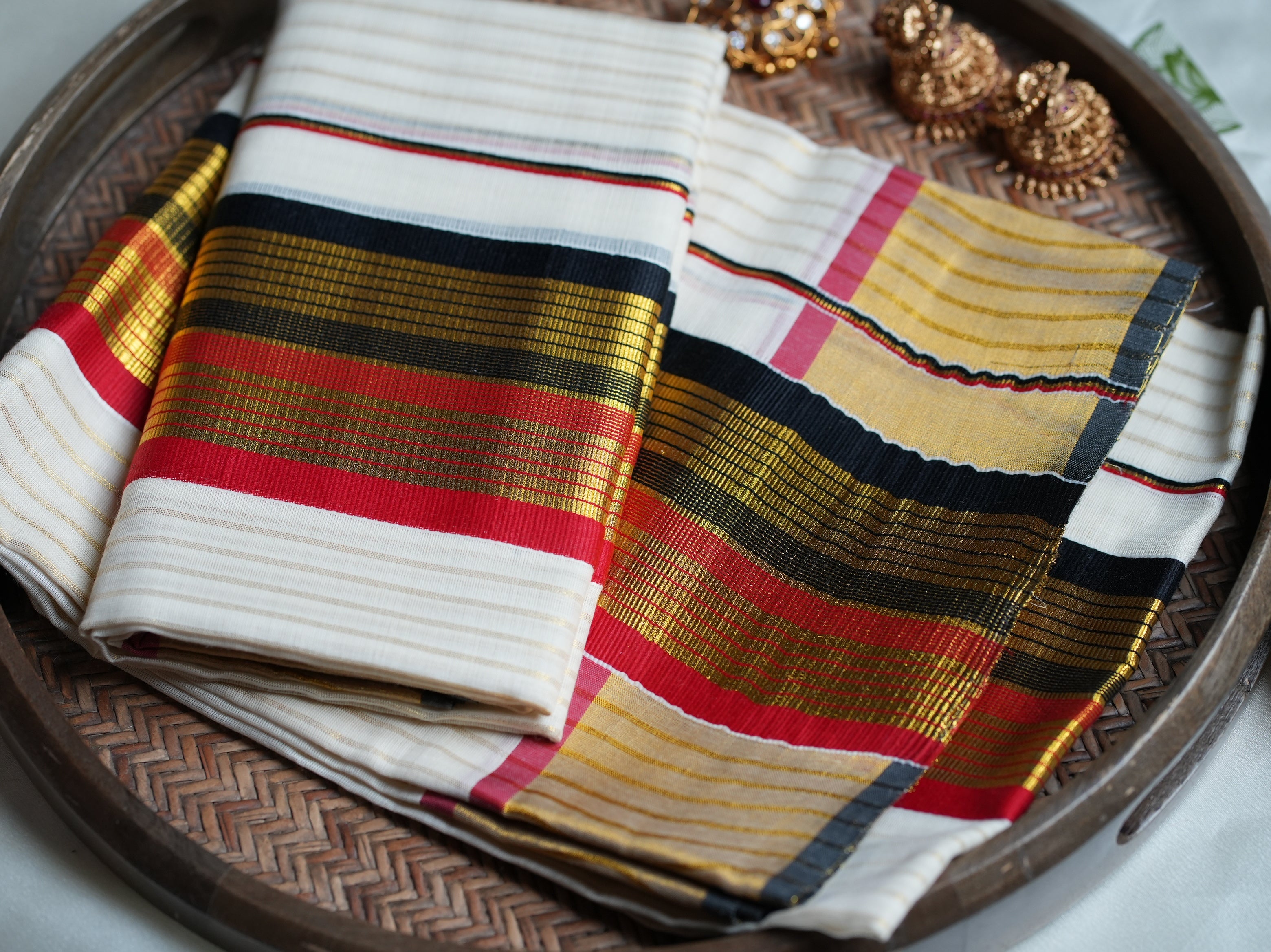 ❤️ Bold Crimson, Black & Gold Pure Cotton Kerala Set Mundu ✨ - SAROYA