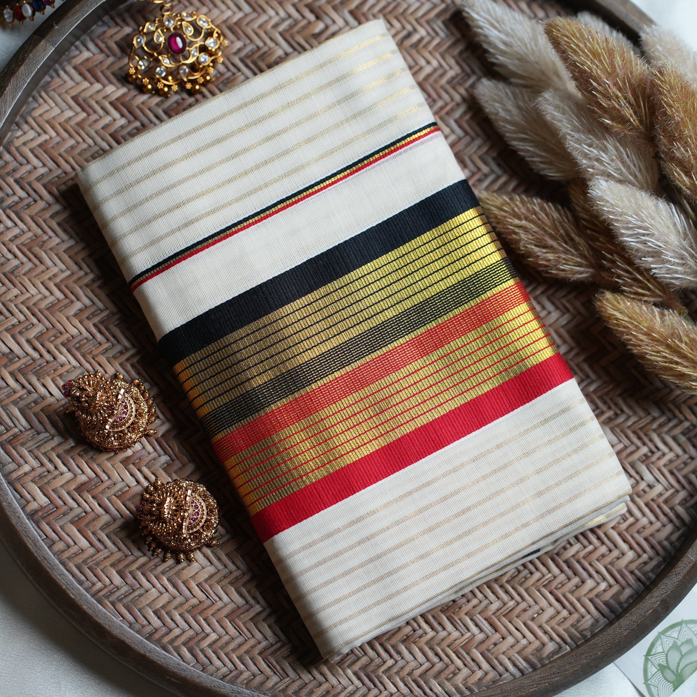 ❤️ Bold Crimson, Black & Gold Pure Cotton Kerala Set Mundu ✨ - SAROYA