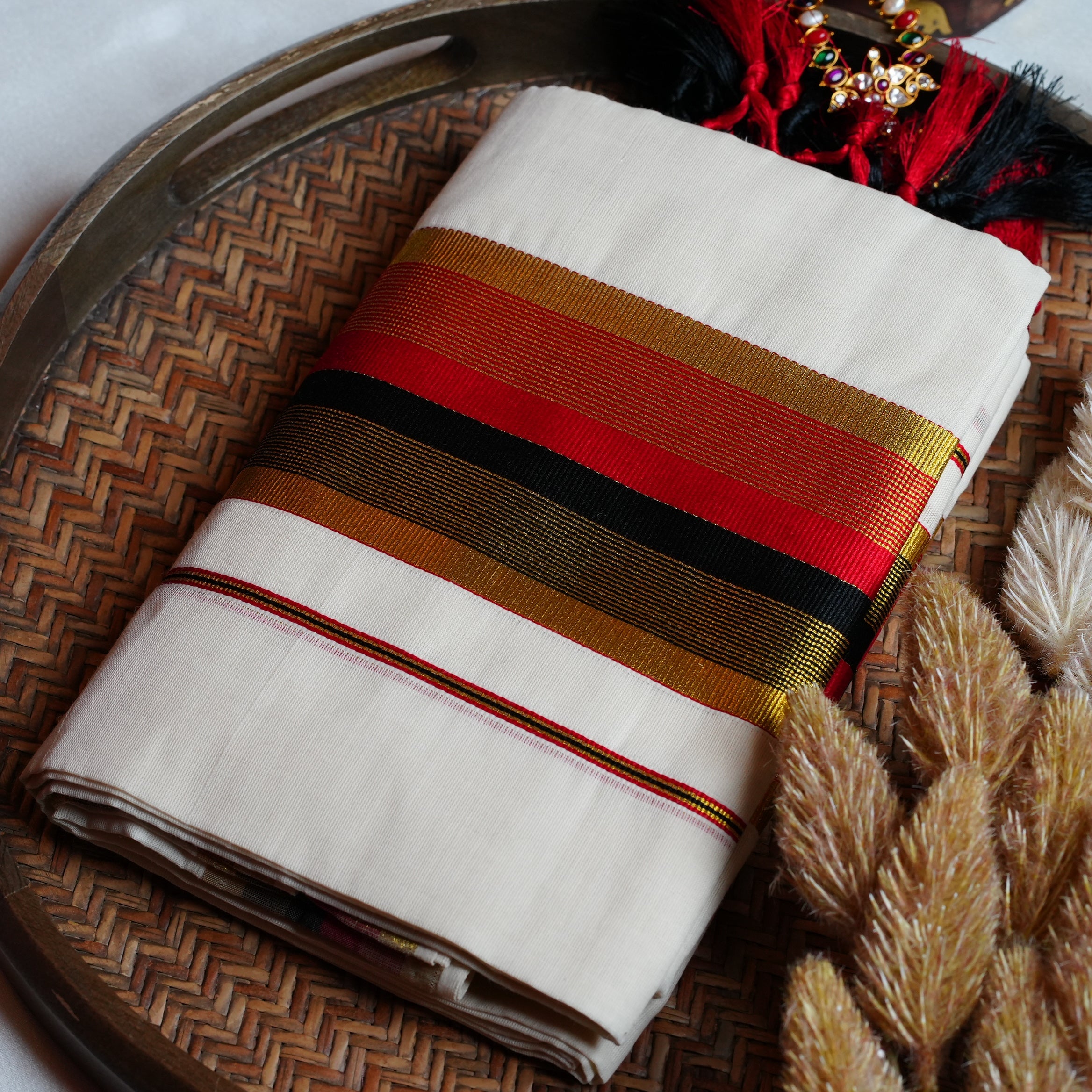 ❤️ Bold Crimson & Charcoal Black Cotton Kerala Single Set Mundu ✨ - SAROYA
