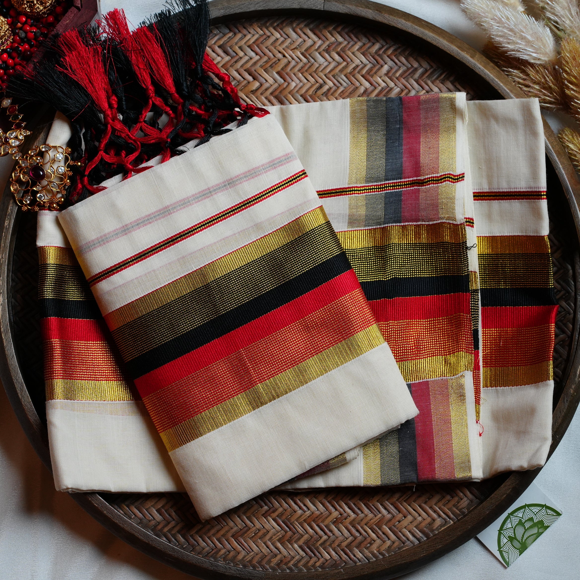 ❤️ Bold Crimson & Charcoal Black Cotton Kerala Single Set Mundu ✨ - SAROYA