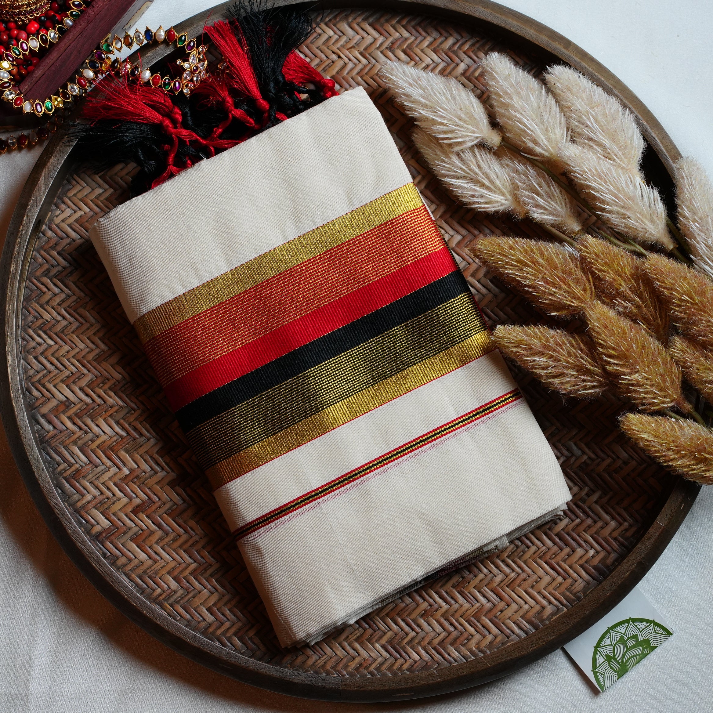 ❤️ Bold Crimson & Charcoal Black Cotton Kerala Single Set Mundu ✨ - SAROYA