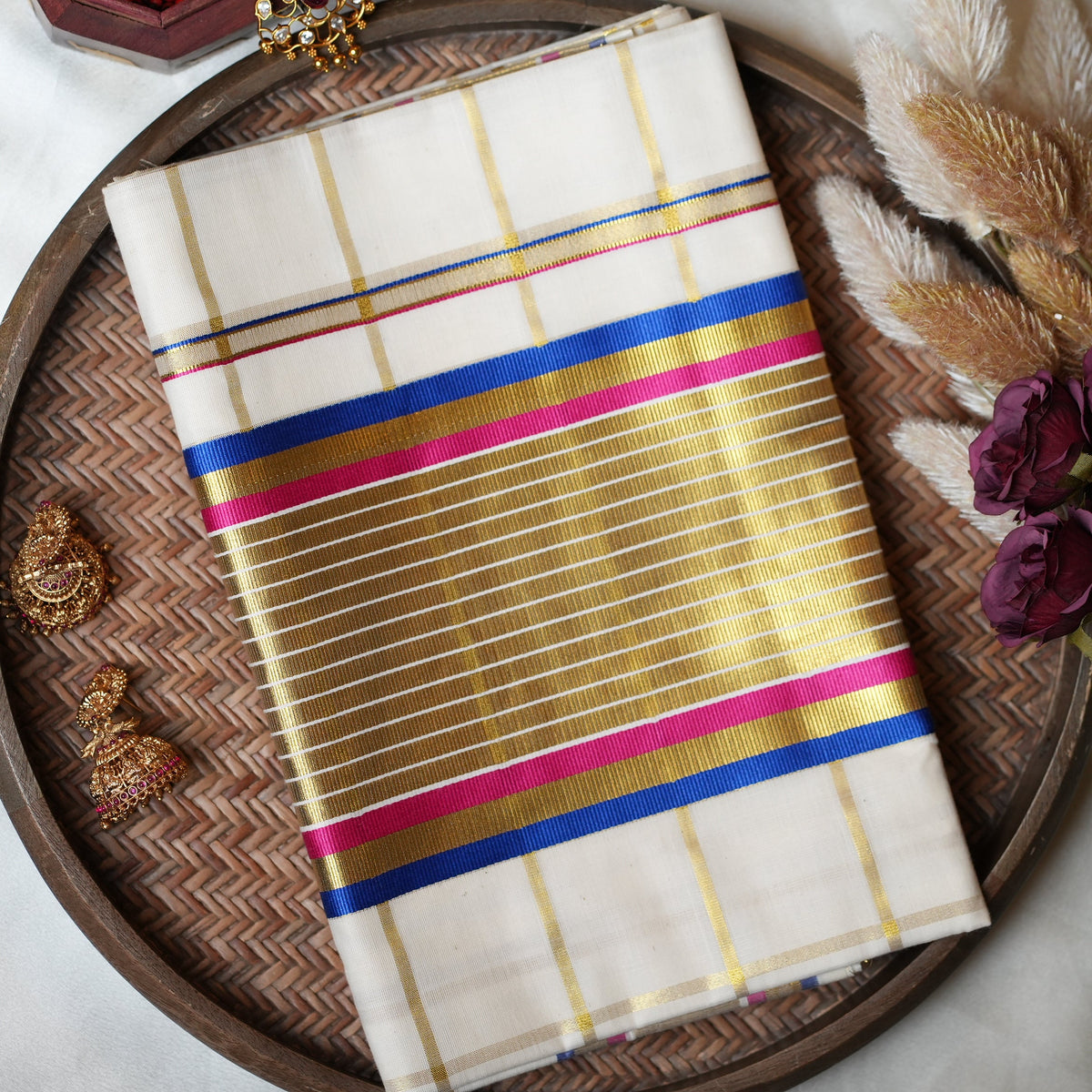 💙 Bold Golden Windowpane Checks & Vibrant Multi-Tone (Royal Blue & Festive Pink): Premium Cotton Kerala Saree ✨ - SAROYA
