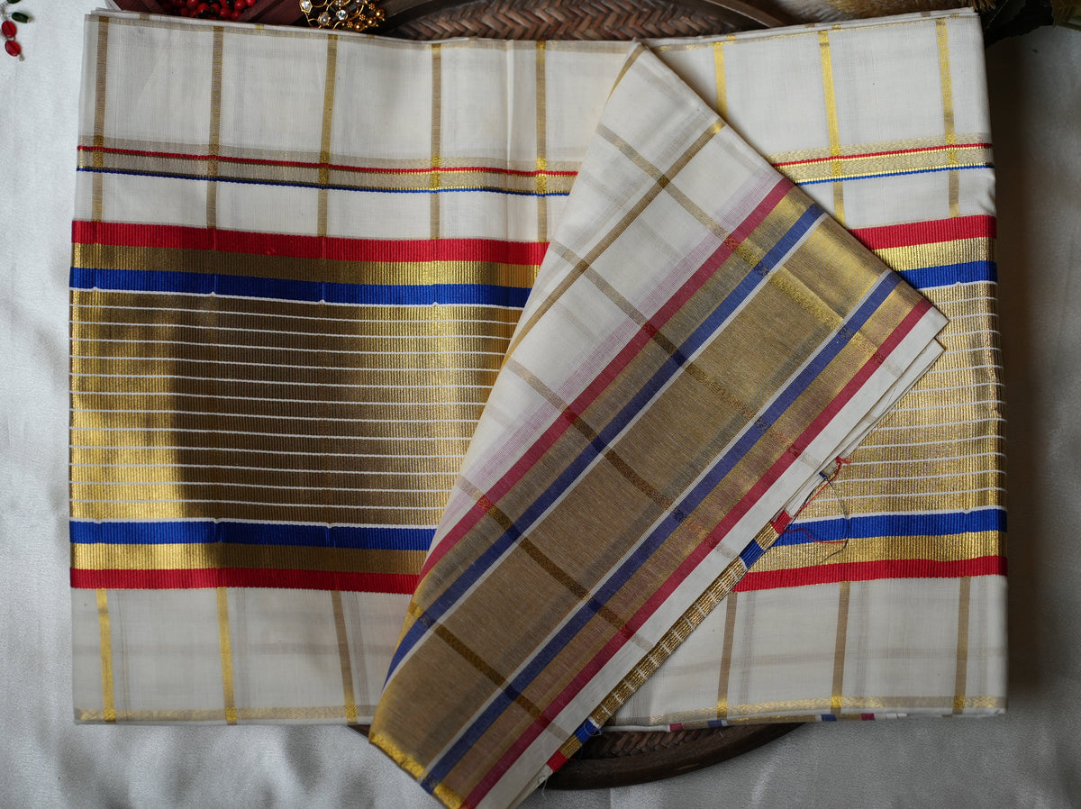 💙 Bold Golden Windowpane Checks & Vibrant Multi-Tone (Royal Blue & Festive Pink): Premium Cotton Kerala Saree ✨ - SAROYA