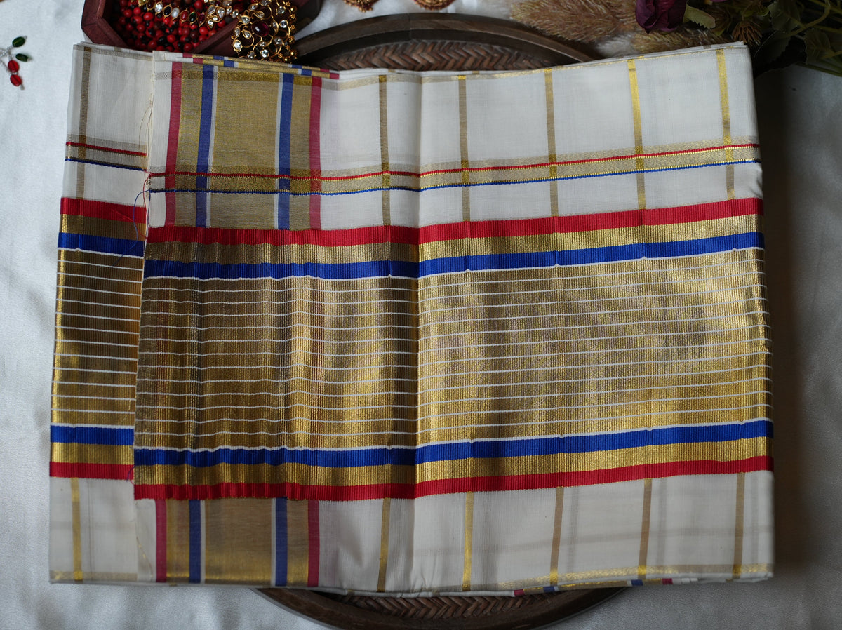 💙 Bold Golden Windowpane Checks & Vibrant Multi-Tone (Royal Blue & Festive Pink): Premium Cotton Kerala Saree ✨ - SAROYA