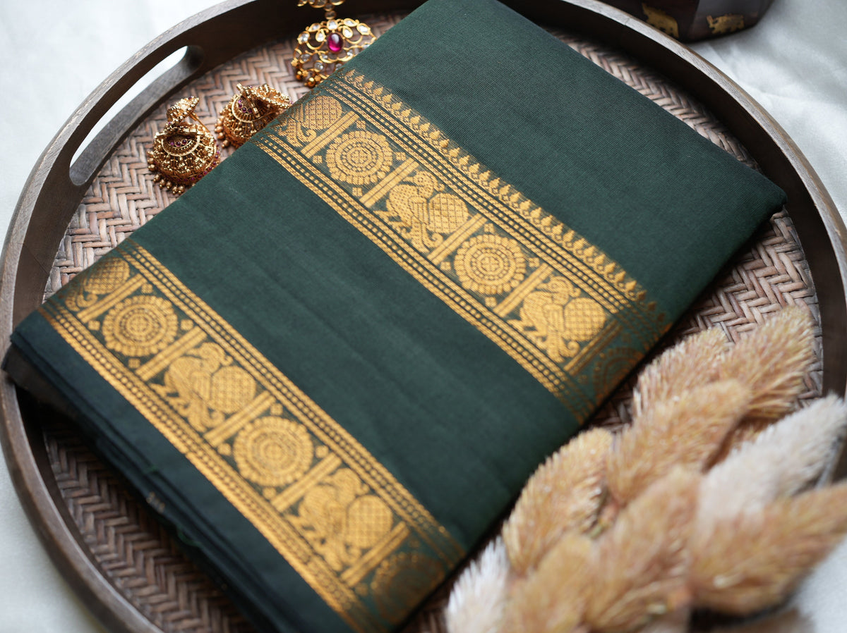🌲 Bottle Green Kanchi Cotton Saree with Golden Peacock & Chakra Zari Border ✨🥻 - SAROYA