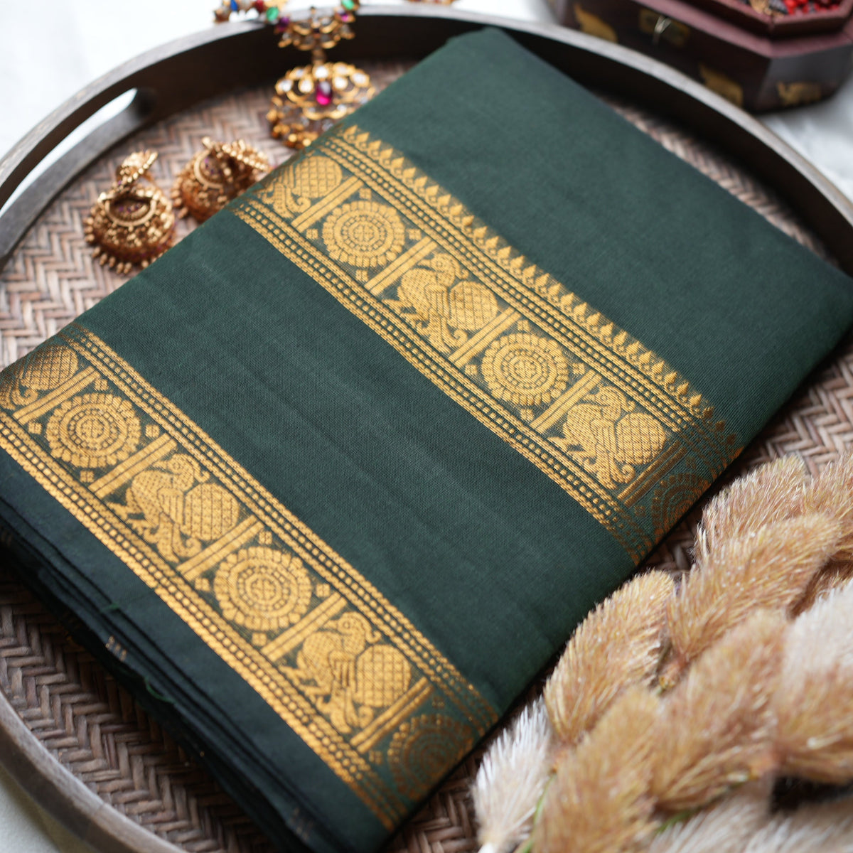 🌲 Bottle Green Kanchi Cotton Saree with Golden Peacock & Chakra Zari Border ✨🥻 - SAROYA