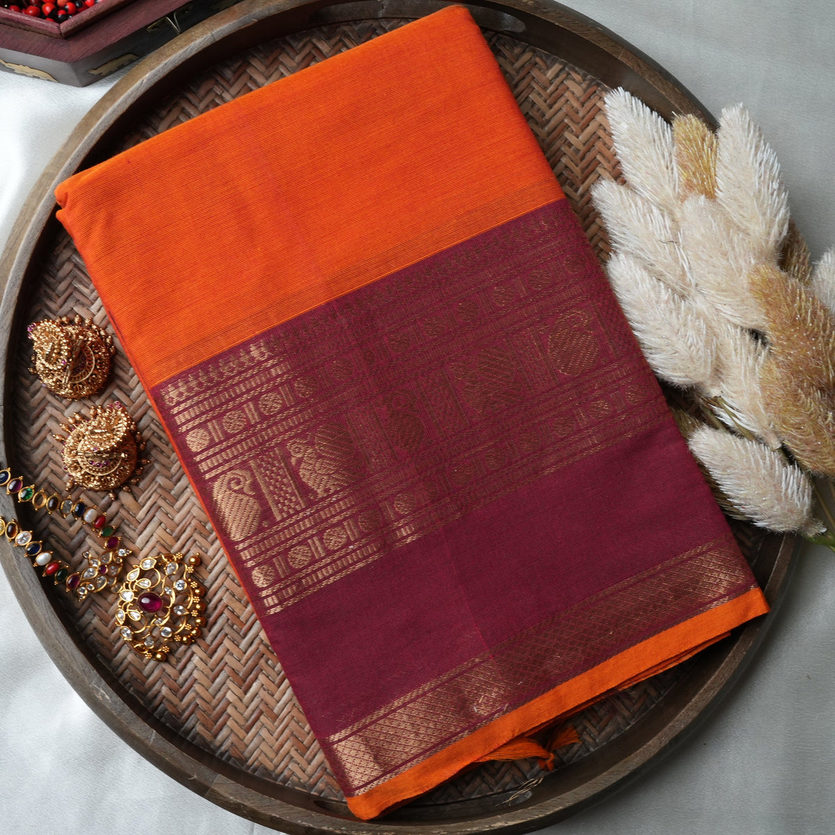 🍊 Bright Orange Pure Kanchi Cotton Saree with Maroon Zari Border & Striped Pallu ✨🥻 - SAROYA