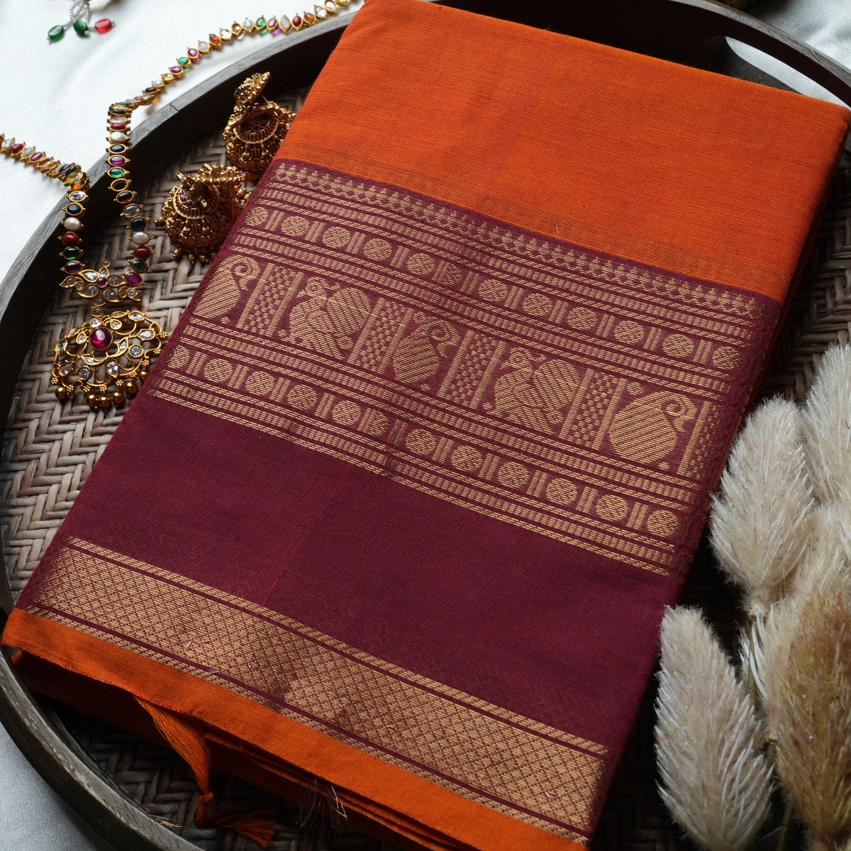 🍊 Bright Orange Pure Kanchi Cotton Saree with Maroon Zari Border & Striped Pallu ✨🥻 - SAROYA