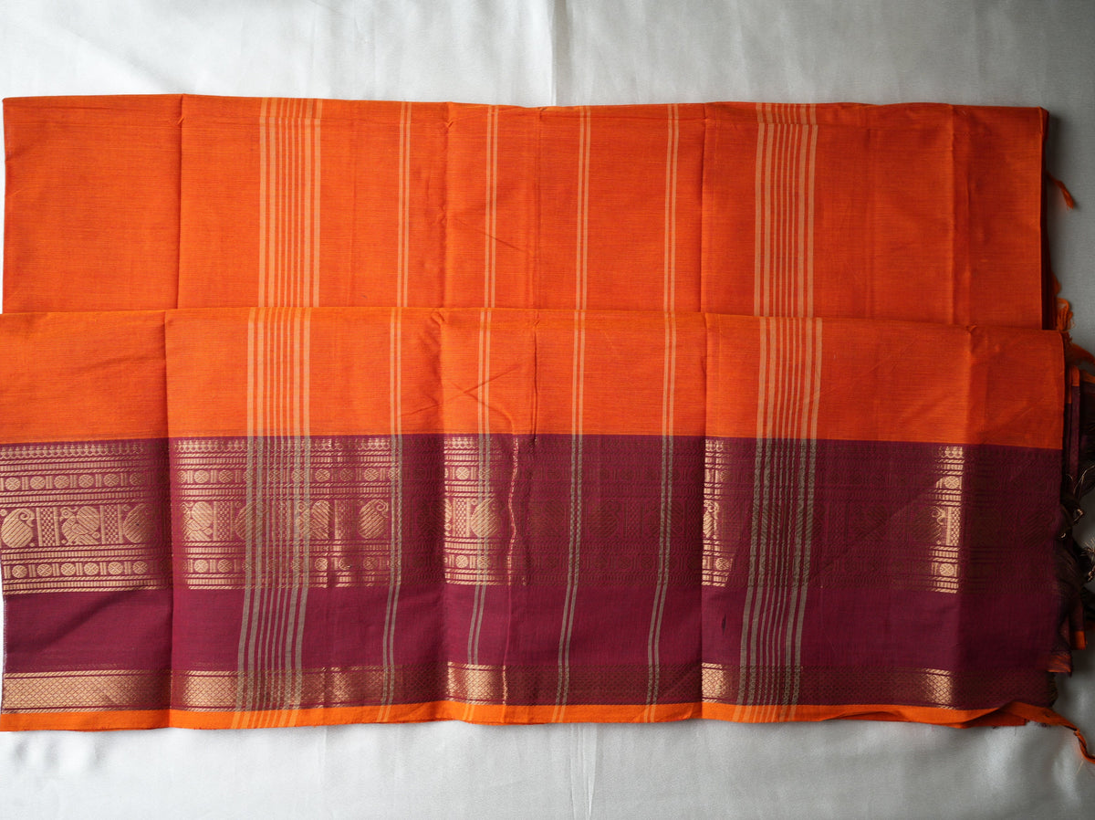 🍊 Bright Orange Pure Kanchi Cotton Saree with Maroon Zari Border & Striped Pallu ✨🥻 - SAROYA
