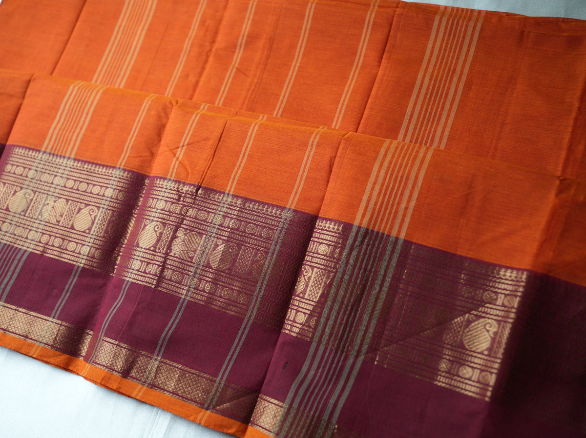 🍊 Bright Orange Pure Kanchi Cotton Saree with Maroon Zari Border & Striped Pallu ✨🥻 - SAROYA