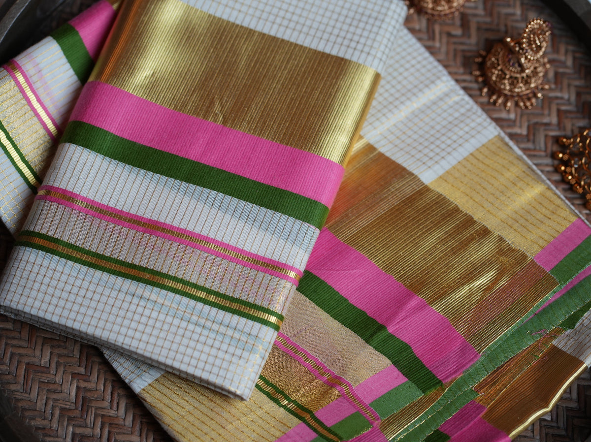 💖 Bright Pink & Green Premium Kasavu Cotton Kerala Set Mundu 🌟 - SAROYA