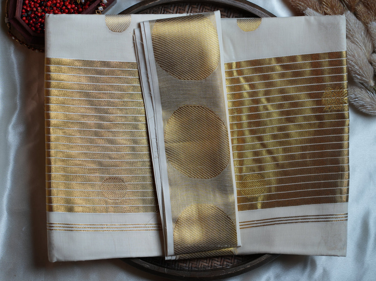 ✨ Broad Kasavu Band & Circular Motif Pure Cotton Kerala Saree 🟡 - SAROYA