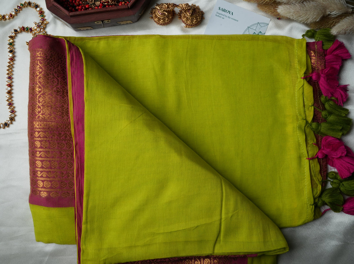 🌿 Chartreuse Lime & Rani Pink Premium Mul Cotton Saree | Rich Gold Zari Pallu by Saroya ✨🥻💚 - SAROYA