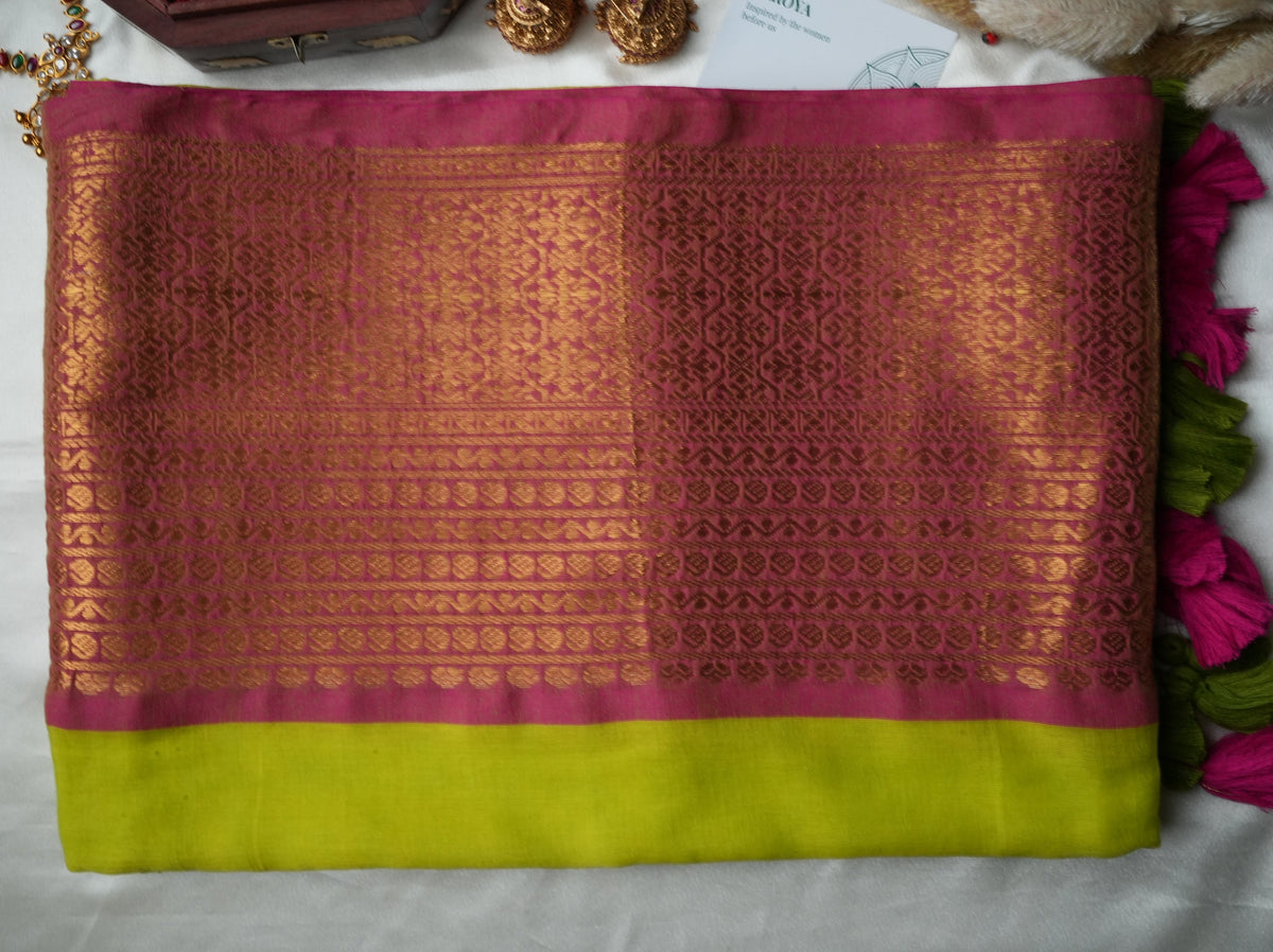🌿 Chartreuse Lime & Rani Pink Premium Mul Cotton Saree | Rich Gold Zari Pallu by Saroya ✨🥻💚 - SAROYA