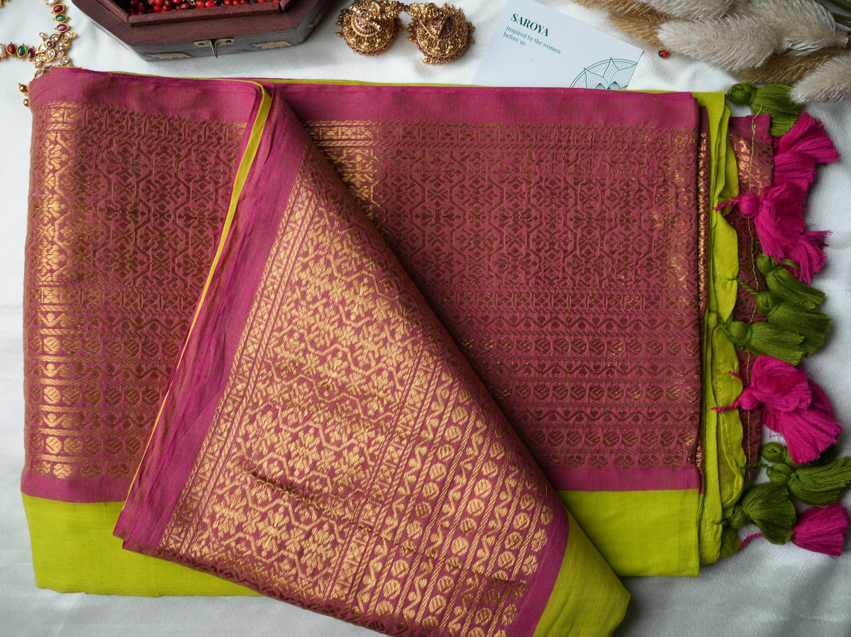 🌿 Chartreuse Lime & Rani Pink Premium Mul Cotton Saree | Rich Gold Zari Pallu by Saroya ✨🥻💚 - SAROYA
