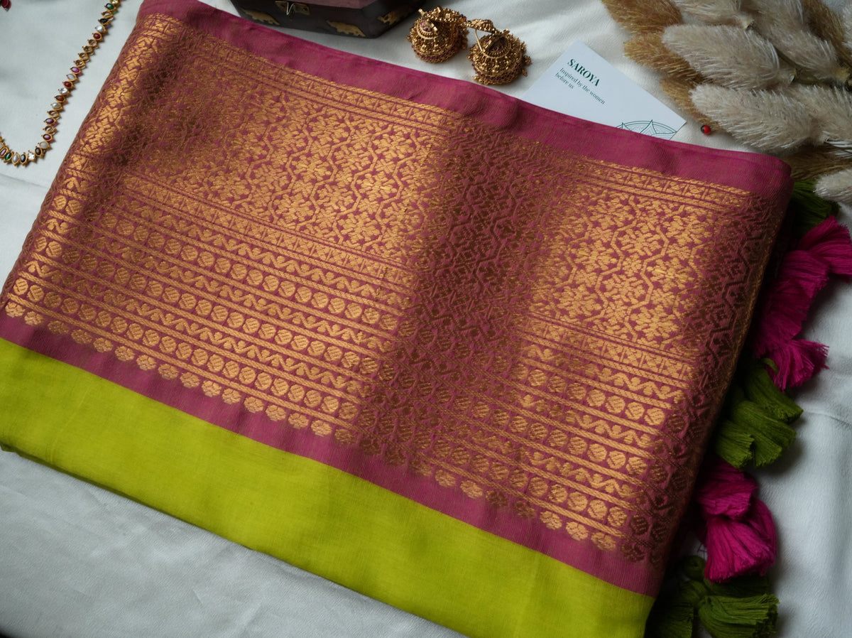 🌿 Chartreuse Lime & Rani Pink Premium Mul Cotton Saree | Rich Gold Zari Pallu by Saroya ✨🥻💚 - SAROYA