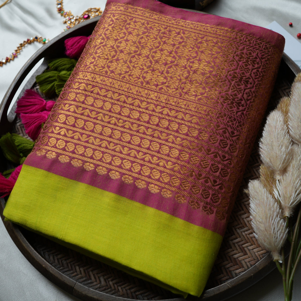 🌿 Chartreuse Lime & Rani Pink Premium Mul Cotton Saree | Rich Gold Zari Pallu by Saroya ✨🥻💚 - SAROYA