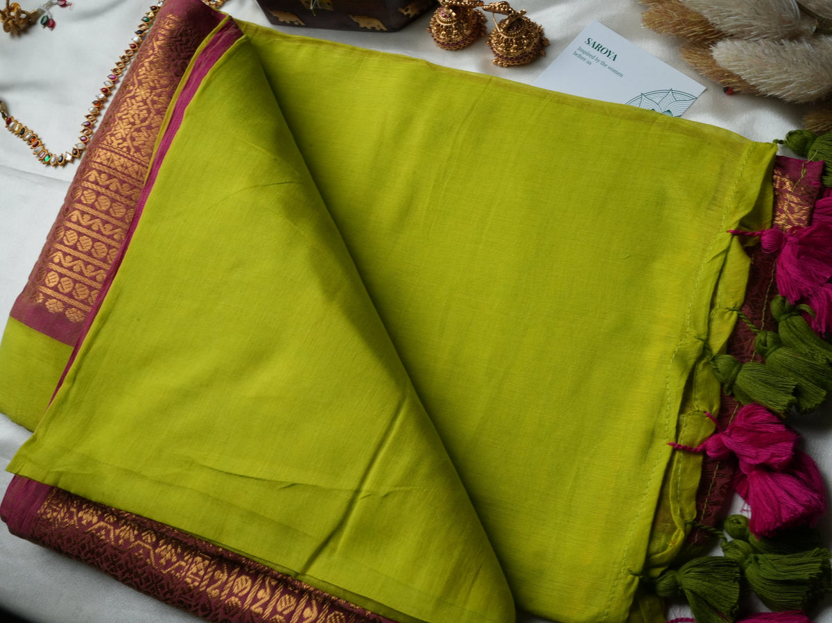 🌿 Chartreuse Lime & Rani Pink Premium Mul Cotton Saree | Rich Gold Zari Pallu by Saroya ✨🥻💚 - SAROYA