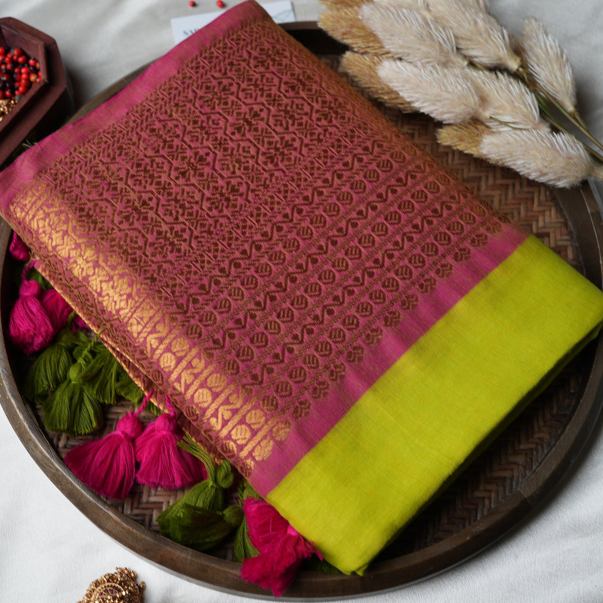🌿 Chartreuse Lime & Rani Pink Premium Mul Cotton Saree | Rich Gold Zari Pallu by Saroya ✨🥻💚 - SAROYA