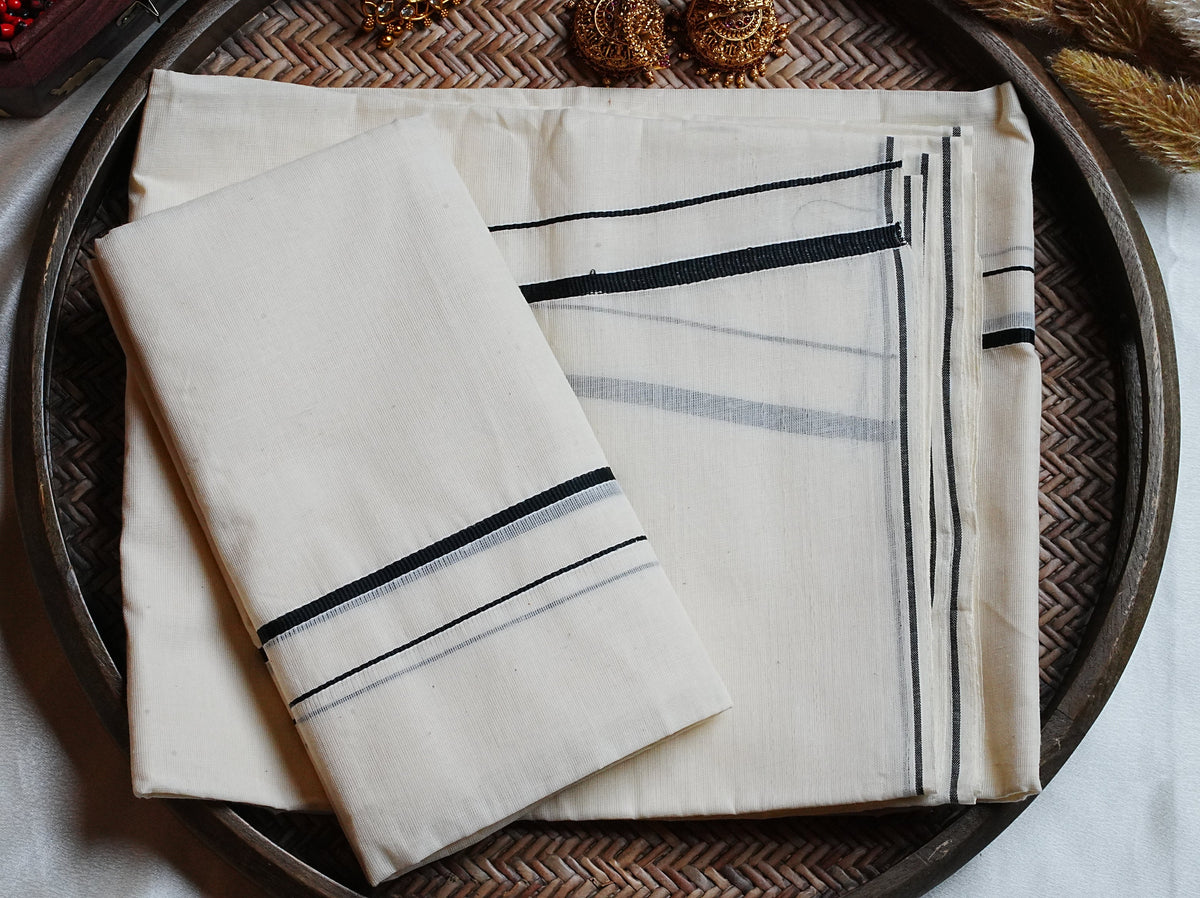 🖤 Classic Black Eerkilikkara Cotton Kerala Set Mundu & Temple Motif Accent Blouse Piece ✨ - SAROYA