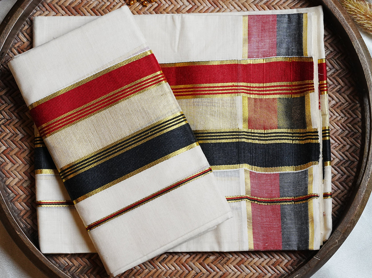 🖤 Classic Black, Maroon & Kasavu Border Cotton Kerala Single Set Mundu ✨ - SAROYA
