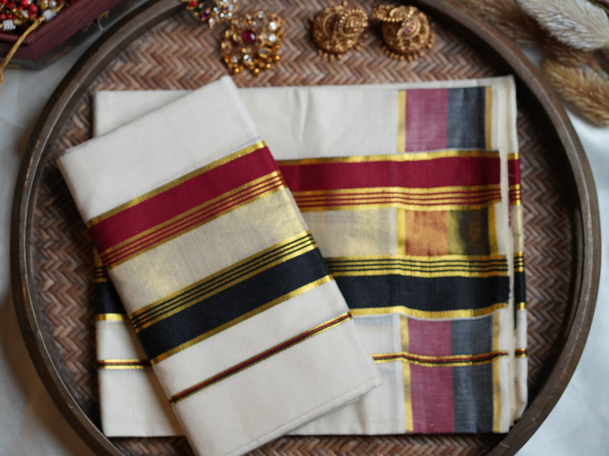 🖤 Classic Black, Maroon & Kasavu Border Cotton Kerala Single Set Mundu ✨ - SAROYA