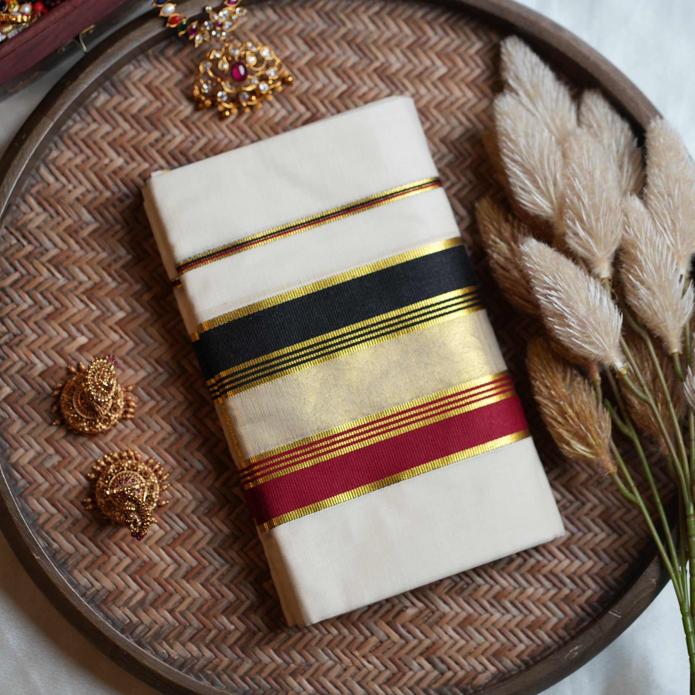 🖤 Classic Black, Maroon & Kasavu Border Cotton Kerala Single Set Mundu ✨ - SAROYA