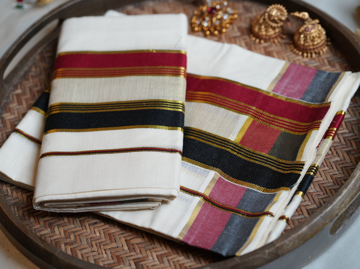 🖤 Classic Black, Maroon & Kasavu Border Cotton Kerala Single Set Mundu ✨ - SAROYA
