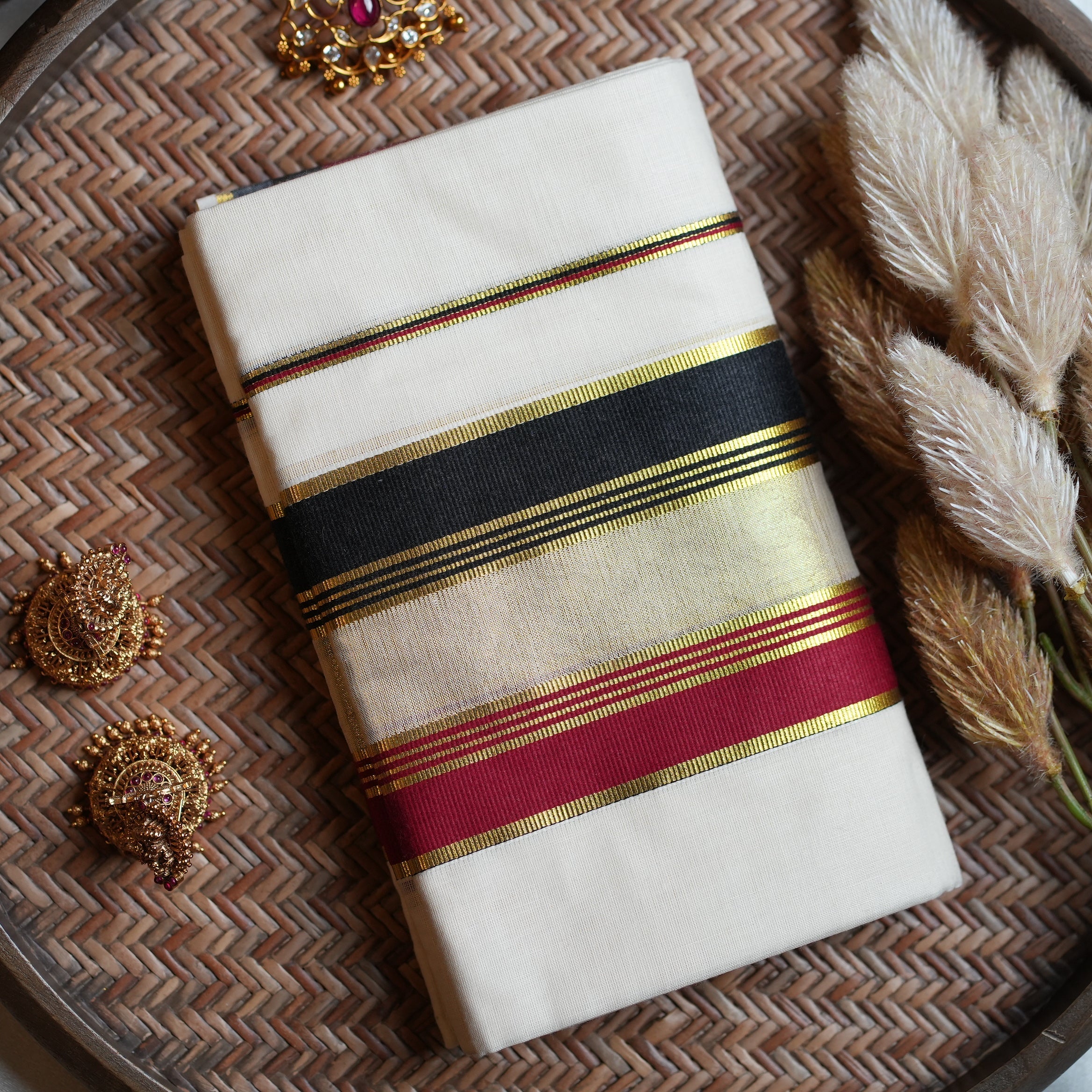 🖤 Classic Black, Maroon & Kasavu Border Cotton Kerala Single Set Mundu ✨ - SAROYA