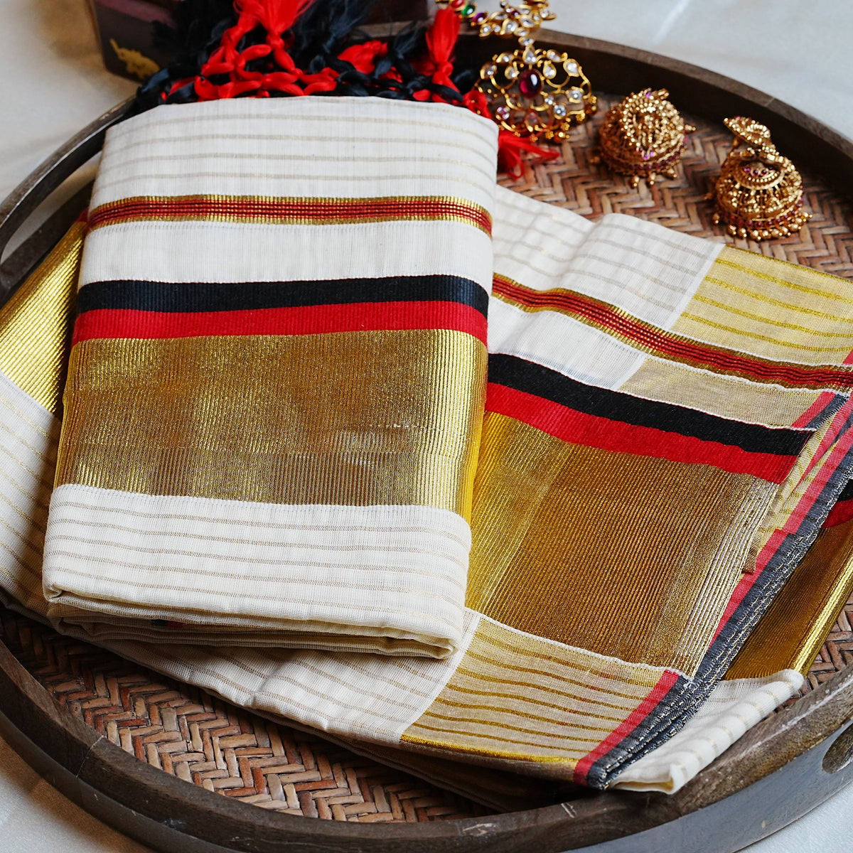 🌺 Classic Cotton Kerala Set Mundu with Black & Red Accent Kasavu ✨ - SAROYA