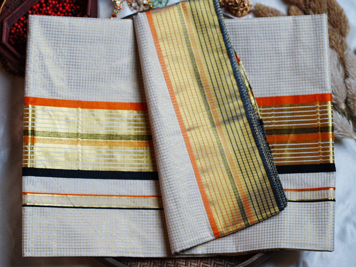 🍊 Classic Golden Check Burnt Orange & Jet Black Cotton Kerala Saree with Running Blouse ✨ - SAROYA