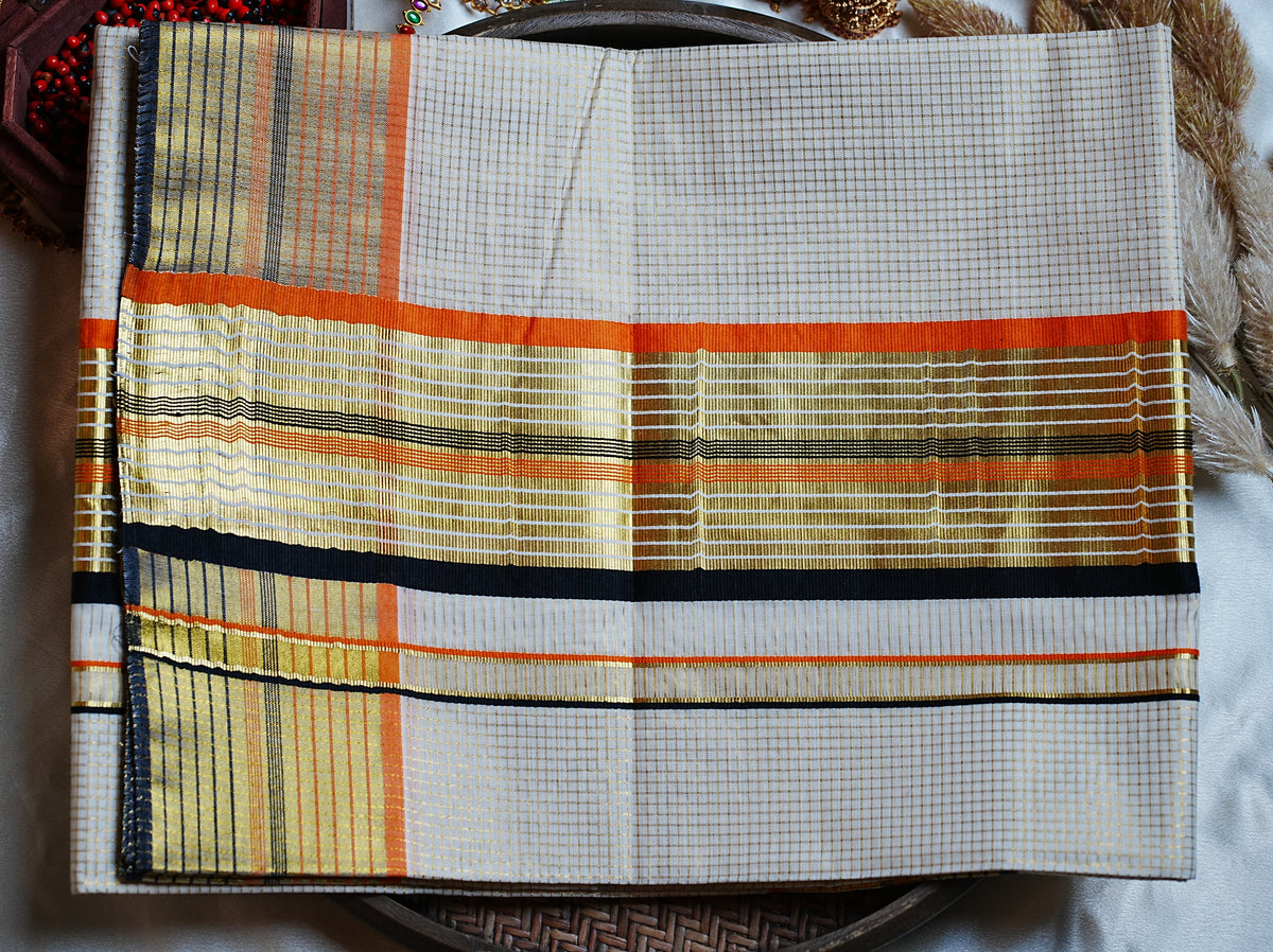 🍊 Classic Golden Check Burnt Orange & Jet Black Cotton Kerala Saree with Running Blouse ✨ - SAROYA