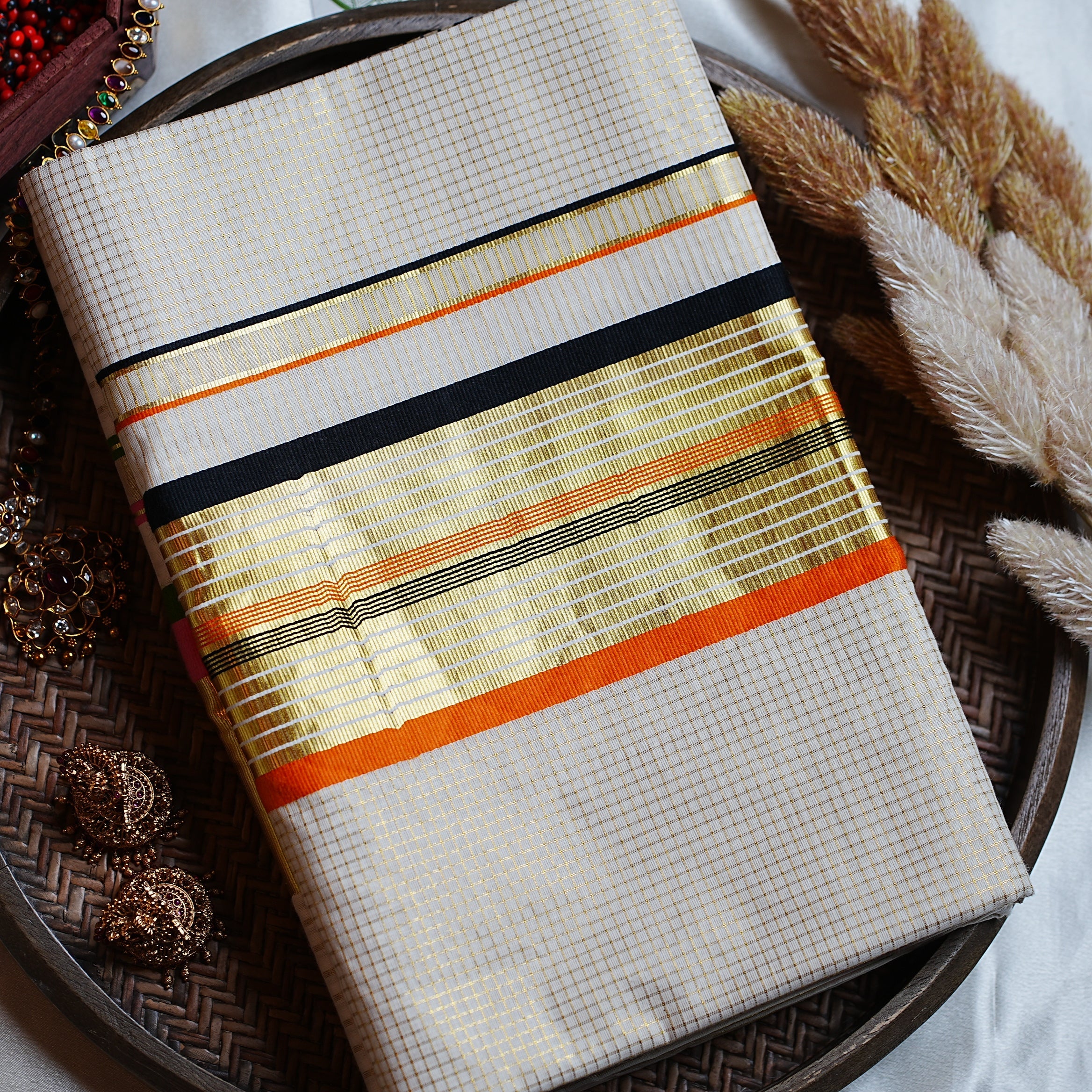 🍊 Classic Golden Check Burnt Orange & Jet Black Cotton Kerala Saree with Running Blouse ✨ - SAROYA