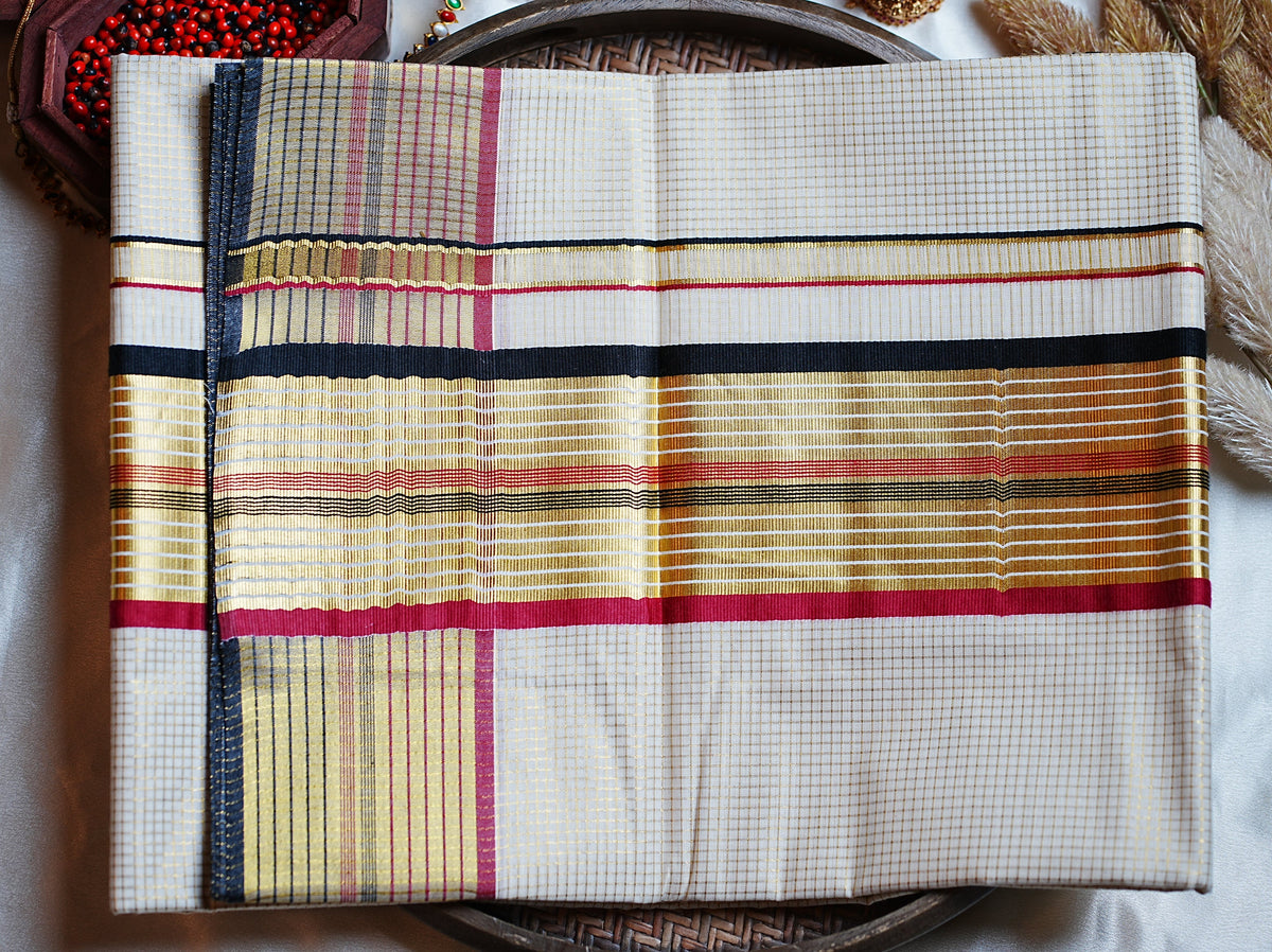 🌾 Classic Golden Check Cotton Kerala Saree with Running Blouse ✨ - SAROYA