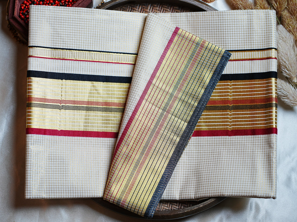 🌾 Classic Golden Check Cotton Kerala Saree with Running Blouse ✨ - SAROYA