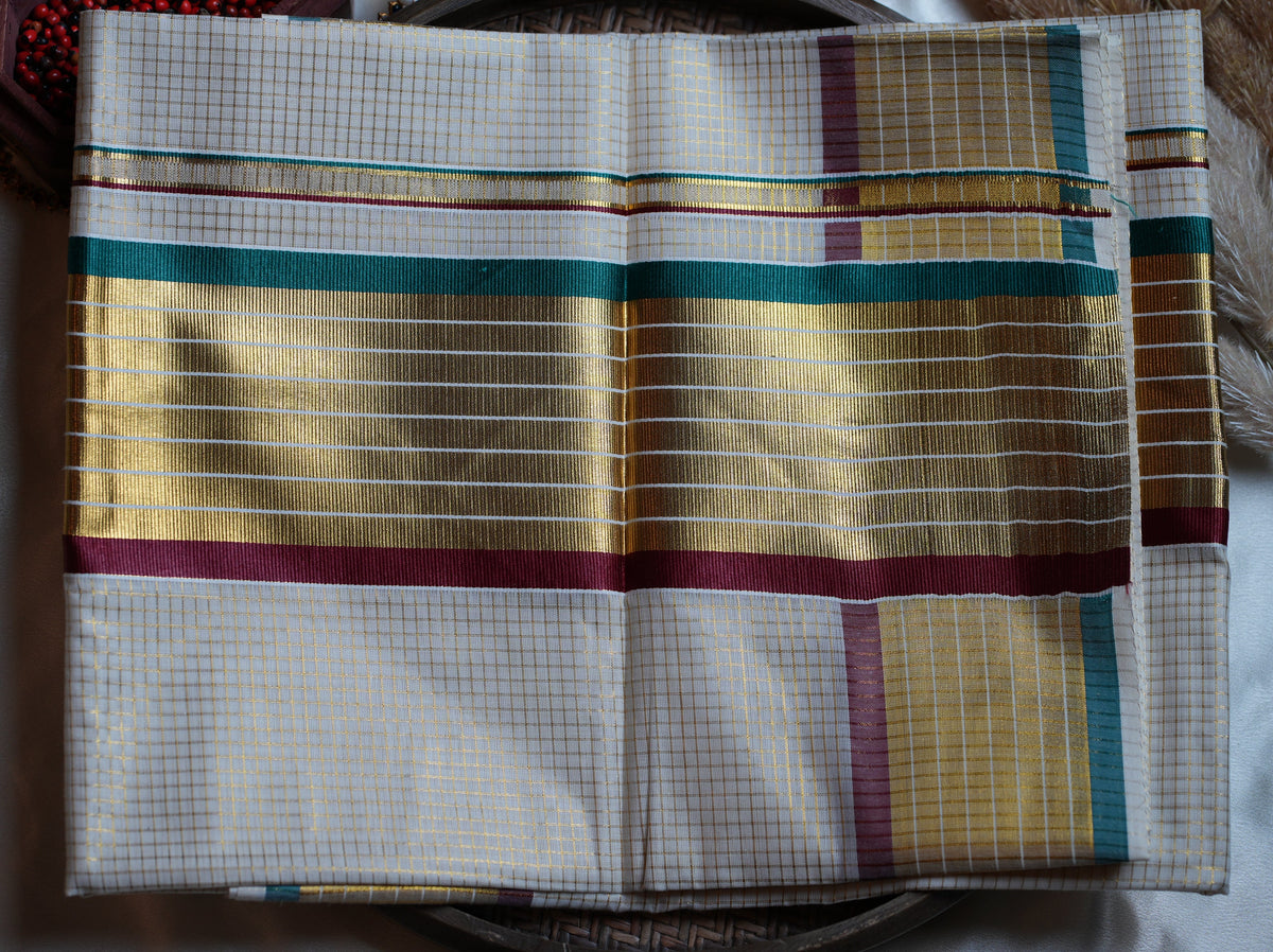 🌾 Classic Golden Check Emerald & Maroon Cotton Kerala Saree with Running Blouse ✨ - SAROYA
