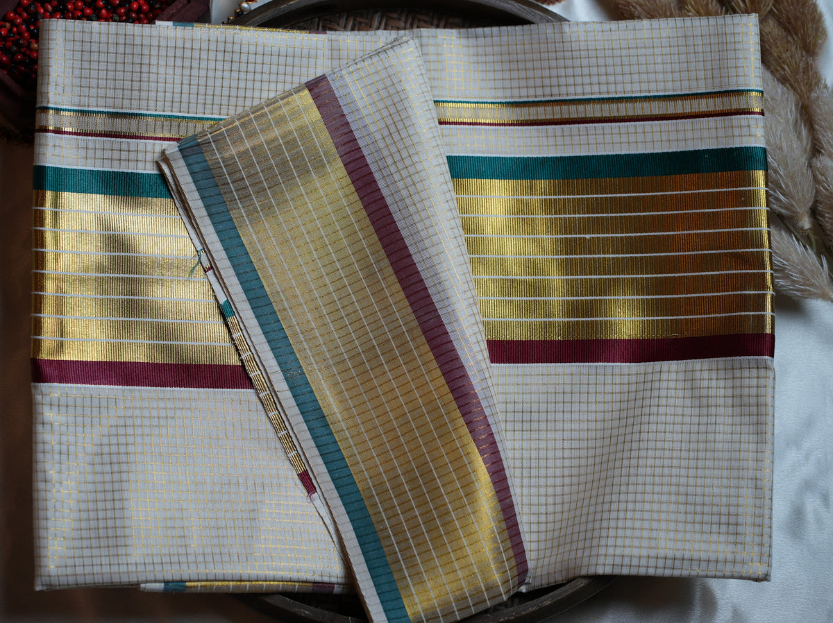 🌾 Classic Golden Check Emerald & Maroon Cotton Kerala Saree with Running Blouse ✨ - SAROYA