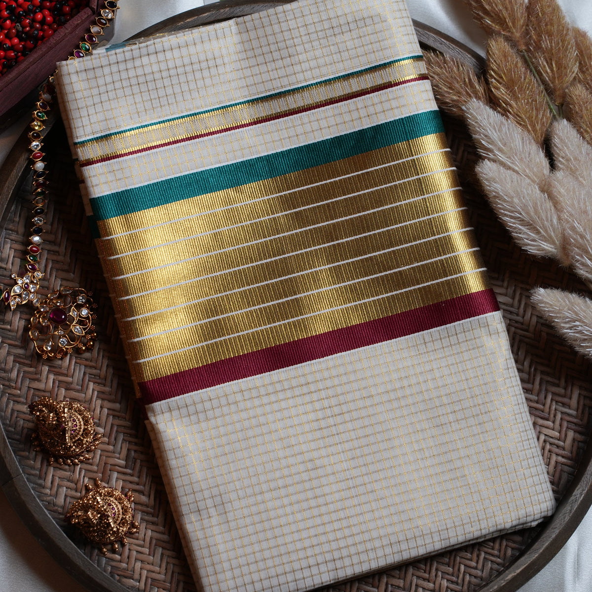 🌾 Classic Golden Check Emerald & Maroon Cotton Kerala Saree with Running Blouse ✨ - SAROYA