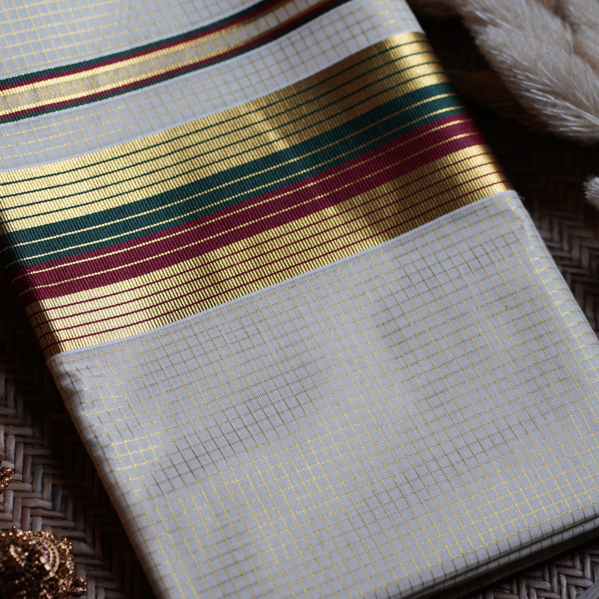 🌾 Classic Golden Check Forest Green & Crimson Cotton Kerala Saree with Running Blouse ✨ - SAROYA