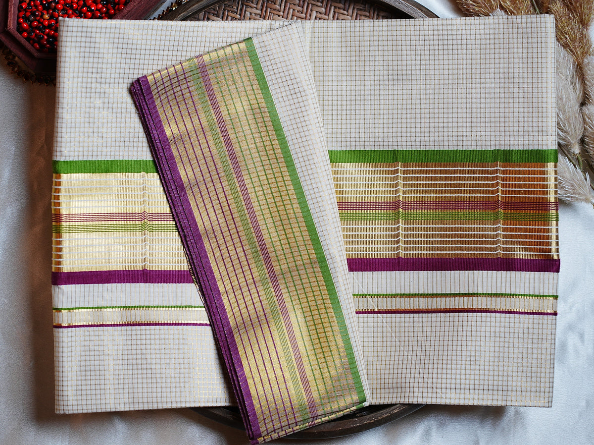 🌿 Classic Golden Check Leaf Green & Magenta Cotton Kerala Saree with Running Blouse ✨ - SAROYA
