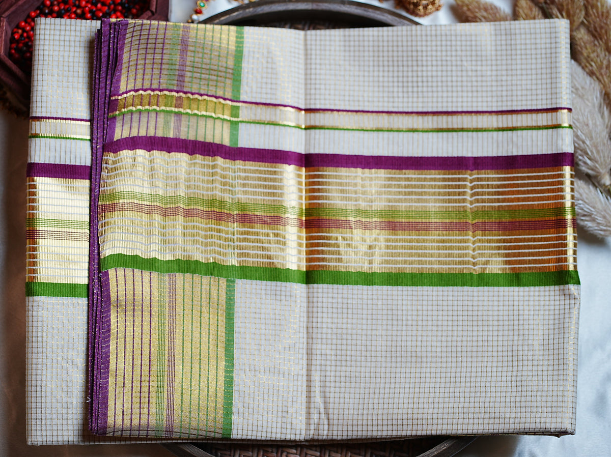 🌿 Classic Golden Check Leaf Green & Magenta Cotton Kerala Saree with Running Blouse ✨ - SAROYA