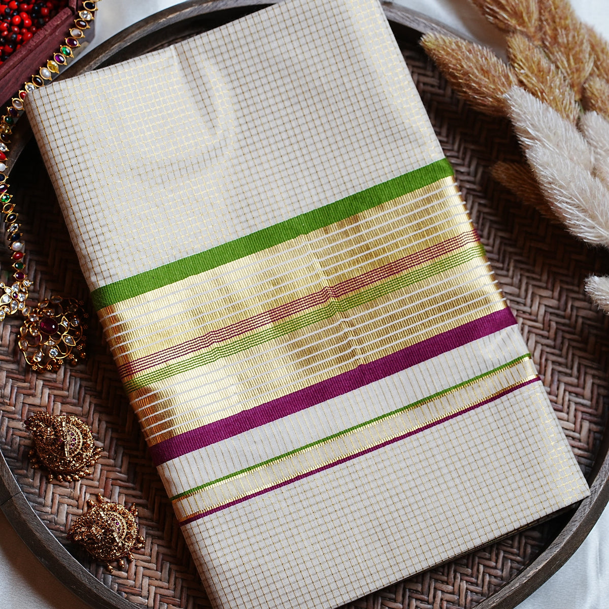 🌿 Classic Golden Check Leaf Green & Magenta Cotton Kerala Saree with Running Blouse ✨ - SAROYA