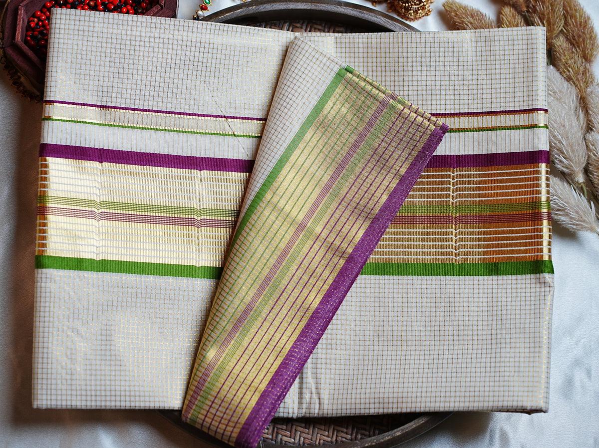 🌿 Classic Golden Check Leaf Green & Magenta Cotton Kerala Saree with Running Blouse ✨ - SAROYA