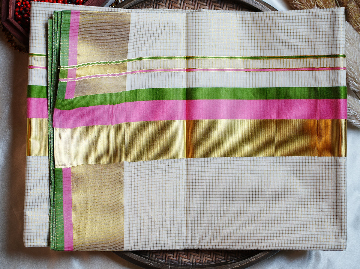 🌸 Classic Golden Check Leaf Green & Rose Pink Cotton Kerala Saree with Running Blouse ✨ - SAROYA