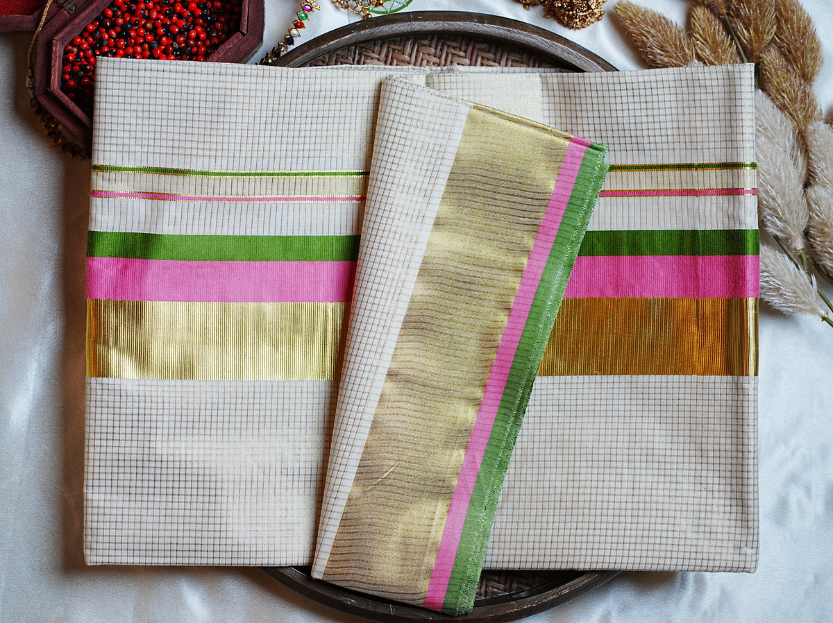 🌸 Classic Golden Check Leaf Green & Rose Pink Cotton Kerala Saree with Running Blouse ✨ - SAROYA