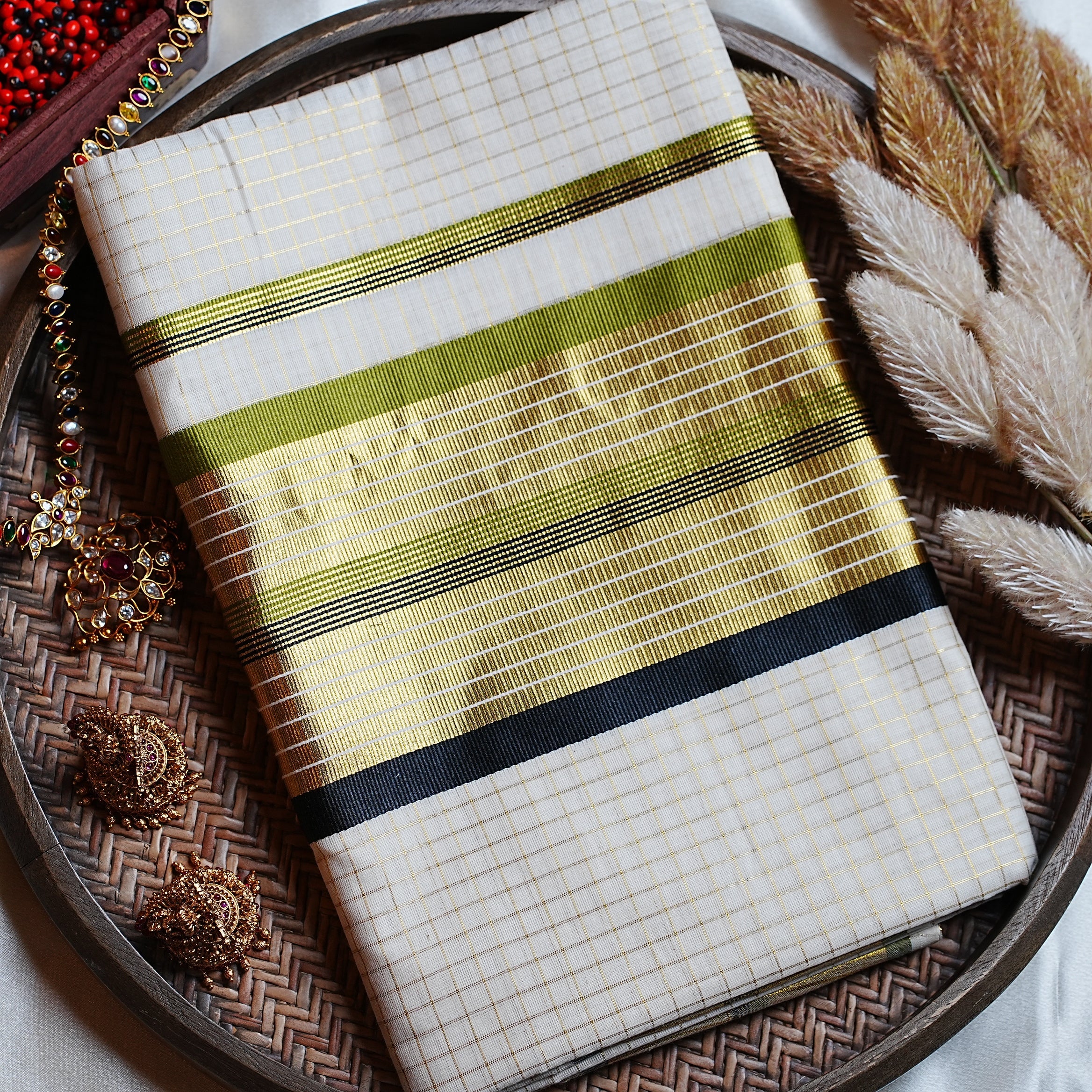 🌿 Classic Golden Check Olive & Noir Cotton Kerala Saree with Running Blouse ✨ - SAROYA