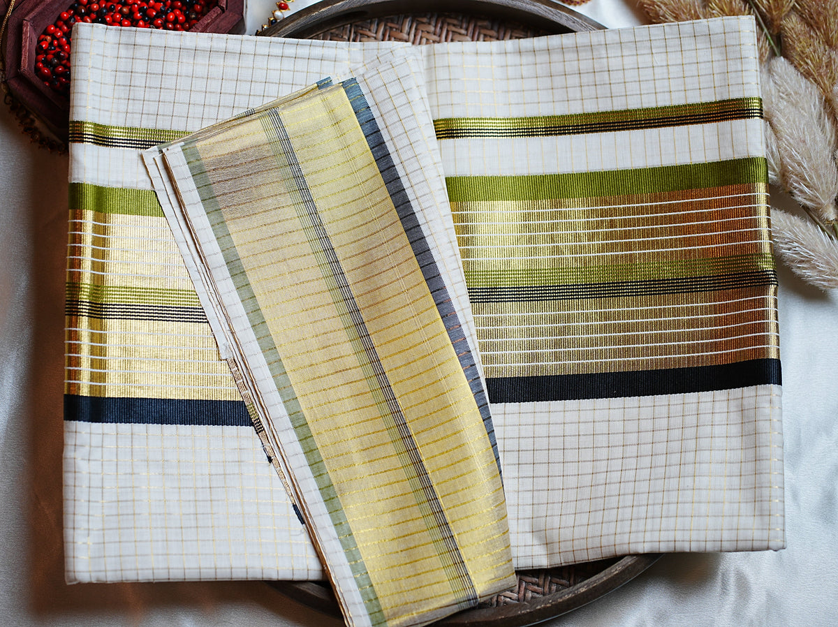 🌿 Classic Golden Check Olive & Noir Cotton Kerala Saree with Running Blouse ✨ - SAROYA