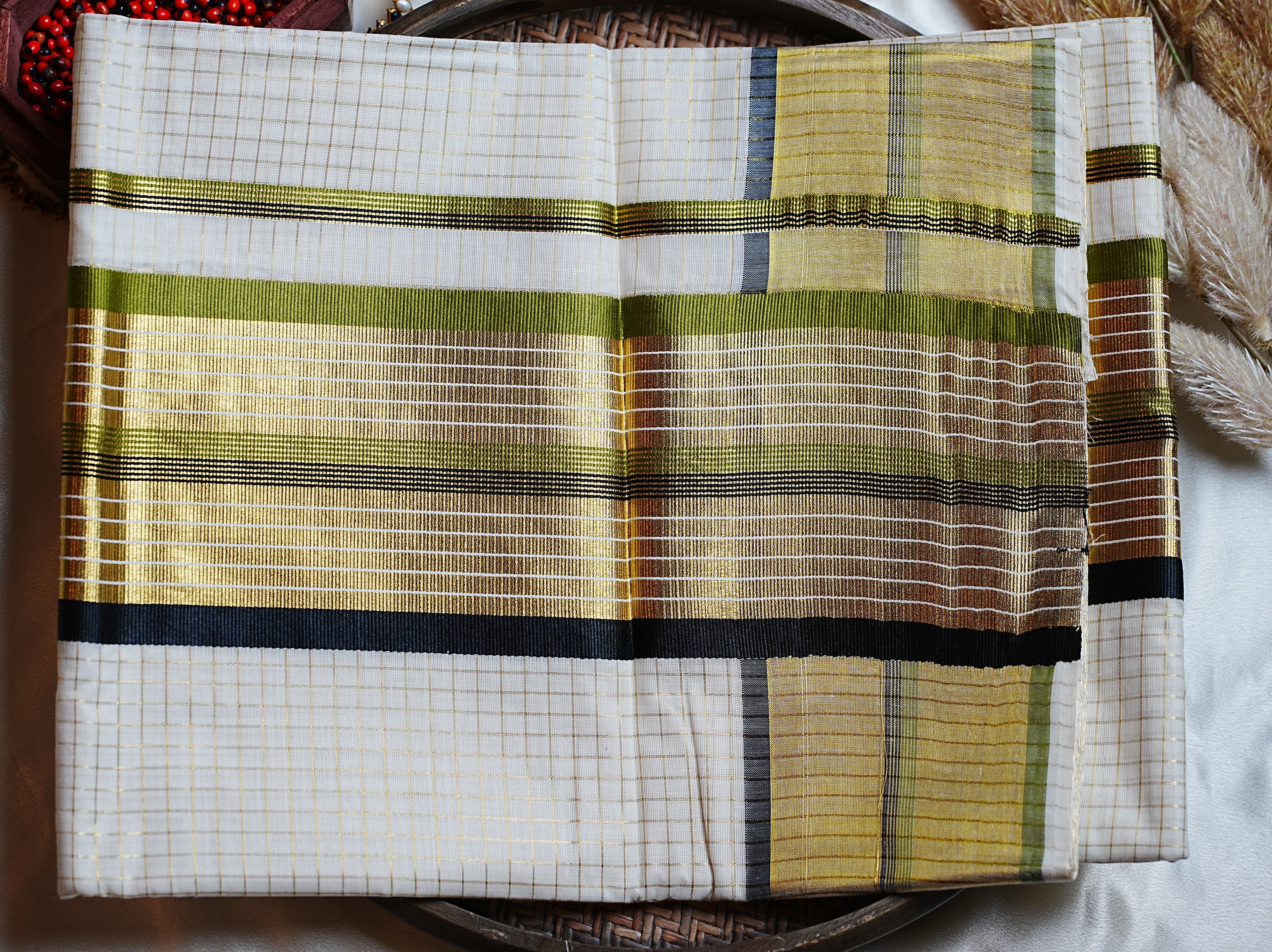 🌿 Classic Golden Check Olive & Noir Cotton Kerala Saree with Running Blouse ✨ - SAROYA